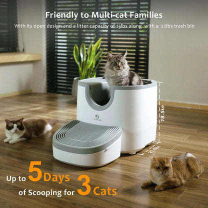 Self-cleaning cat litter box with an open design, advanced safety sensors, and extra-large capacity for multi-cat households. Practical, hassle-free, and ideal for easy daily cleaning.