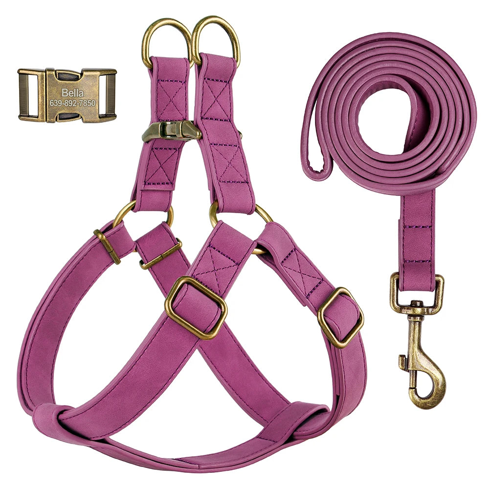 Custom PU leather dog harness and leash set with engraved ID buckle. Durable vest-style harness with matching lead rope, ideal for small and medium dogs, including bulldogs.