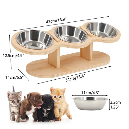 Elevated Cat Bowls with Wooden Stand – 3 Stainless Steel Feeding & Water Bowls for Cats & Puppies