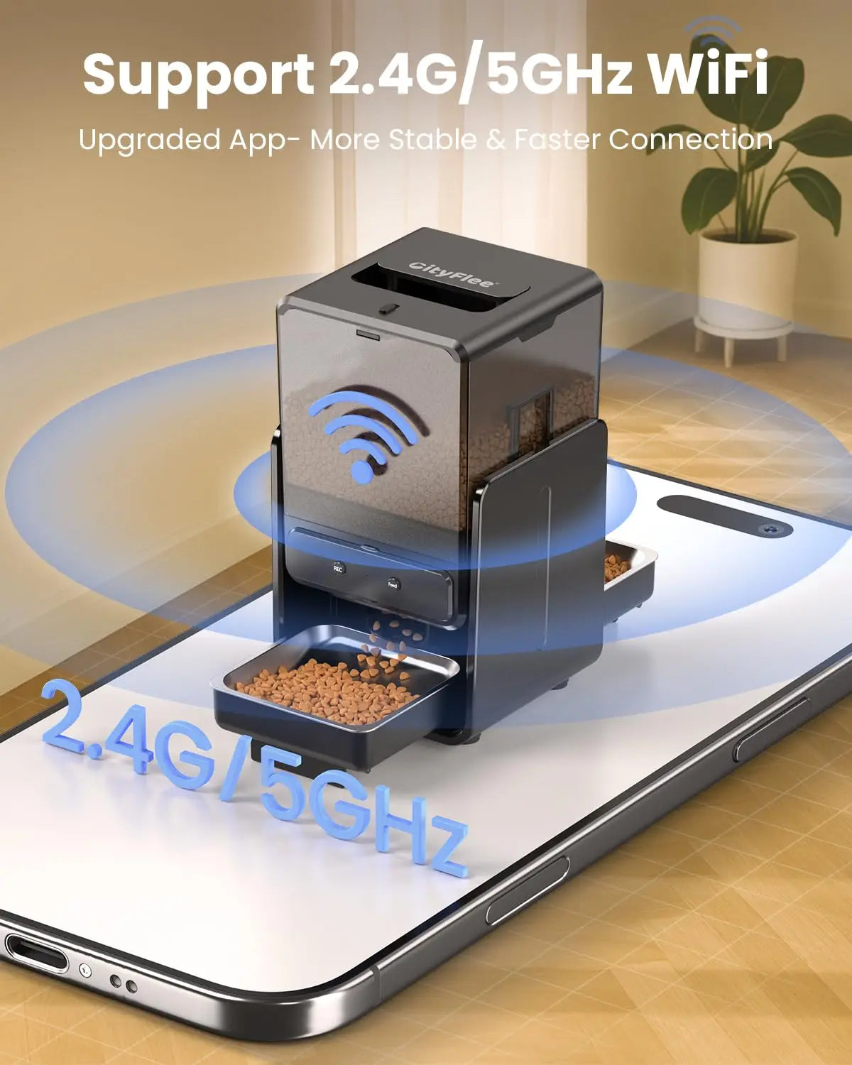 Smart Automatic 5G WiFi Cat Feeder with Dual Bowls, 5L Adjustable Dry Food Dispenser for Two Cats and Small Pets