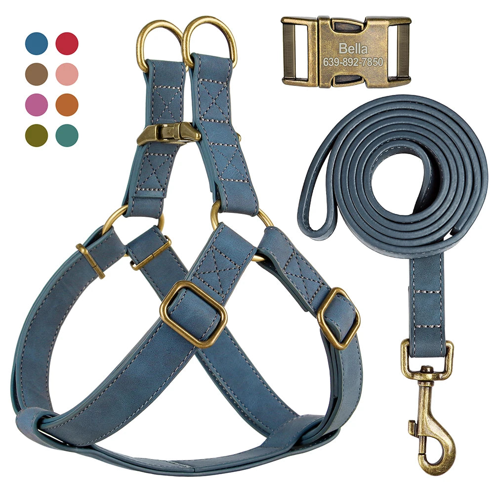 Custom PU leather dog harness and leash set with engraved ID buckle. Durable vest-style harness with matching lead rope, ideal for small and medium dogs, including bulldogs.
