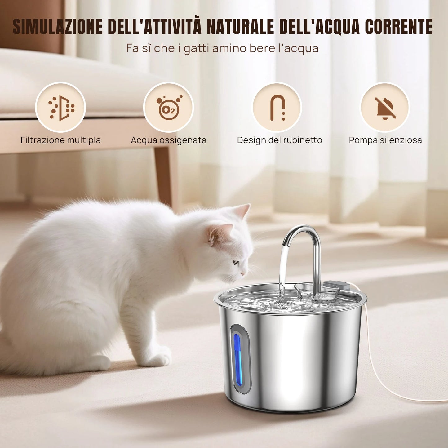 2.2L Stainless Steel Cat Water Fountain – Automatic Pet Water Dispenser with Quiet Pump & Visible Window