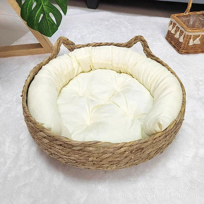Woven Rattan Pet Bed – Round Donut Design with Soft Cushion for Cats & Small Dogs
