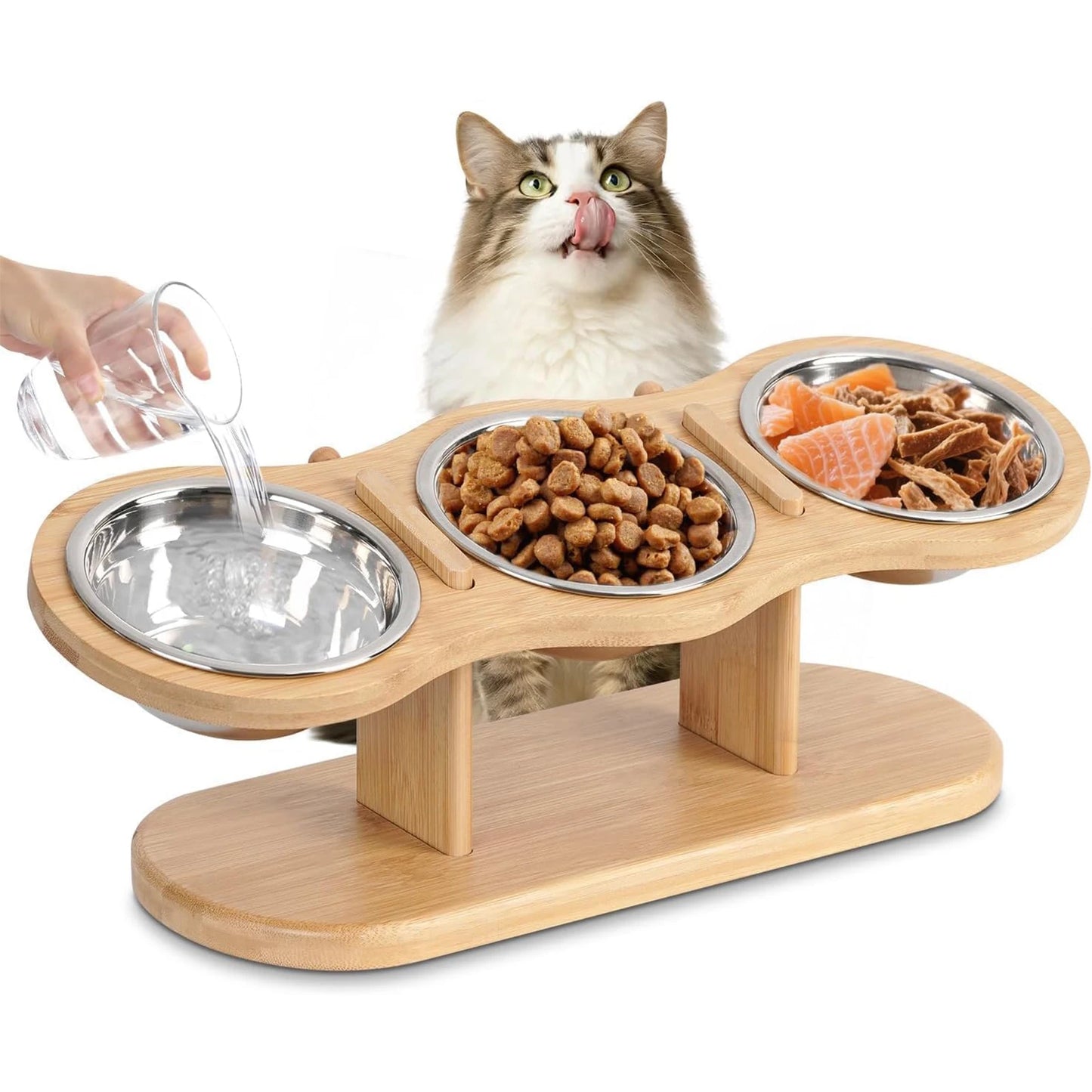 Elevated Cat Bowls with Wooden Stand – 3 Stainless Steel Feeding & Water Bowls for Cats & Puppies