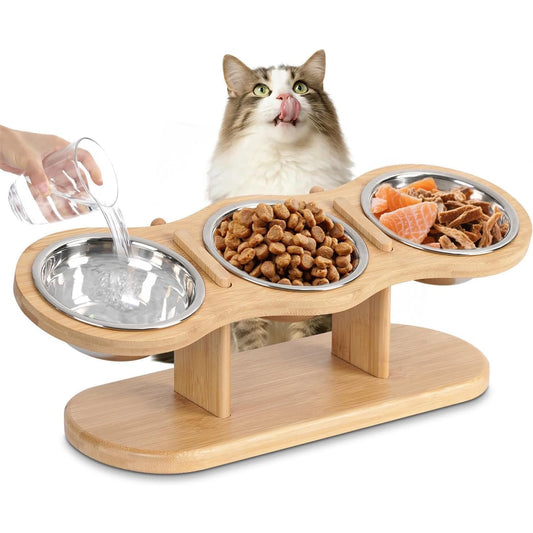 Elevated Cat Bowls with Wooden Stand – 3 Stainless Steel Feeding & Water Bowls for Cats & Puppies