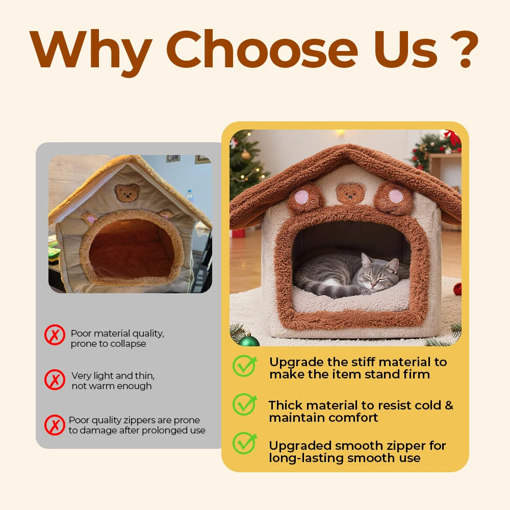 Extra Large Foldable Cat House with Cushion – Cute Bear Design, Warm Semi-Enclosed Pet Bed
