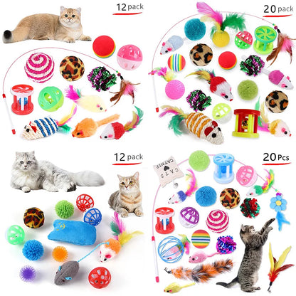 12/20PCS Cat Toy Variety Set – Interactive Kit with Wand, Sisal Mouse, Balls & Bells