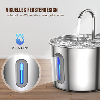 2.2L Stainless Steel Cat Water Fountain – Automatic Pet Water Dispenser with Quiet Pump & Visible Window