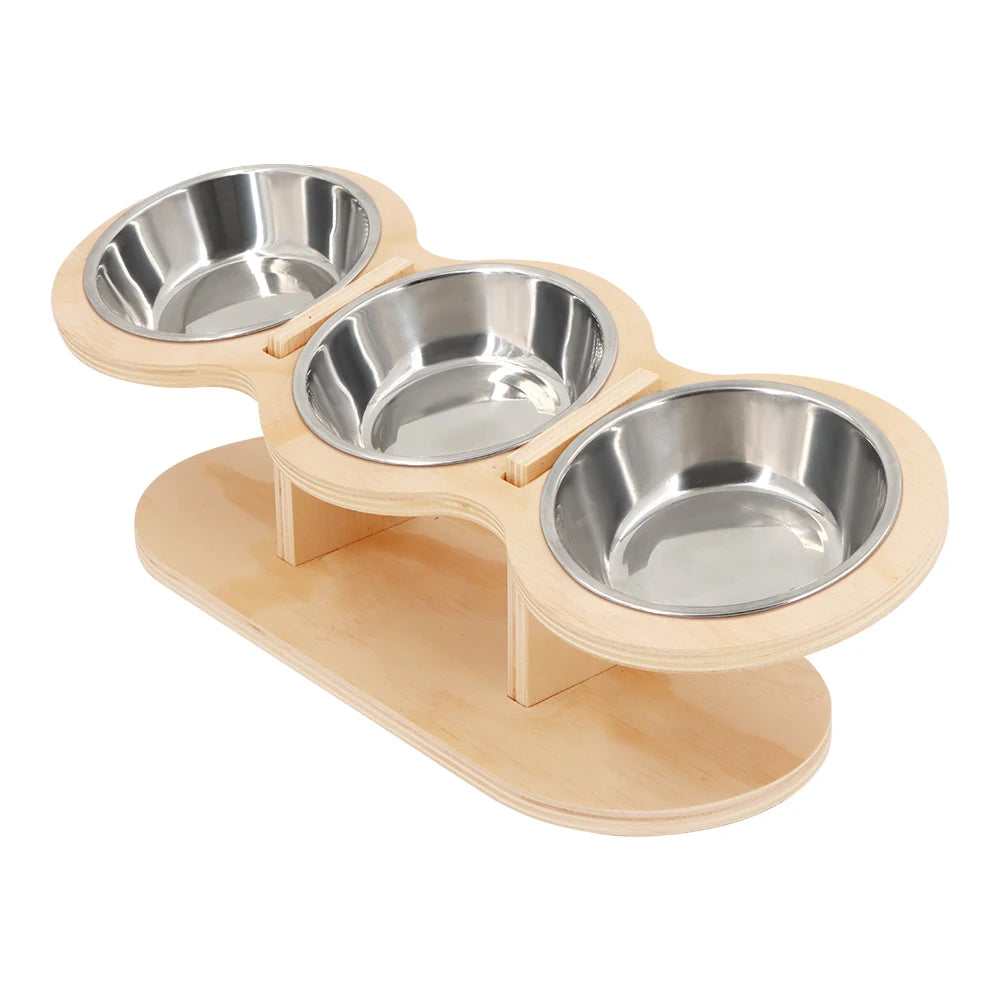 Elevated Cat Bowls with Wooden Stand – 3 Stainless Steel Feeding & Water Bowls for Cats & Puppies