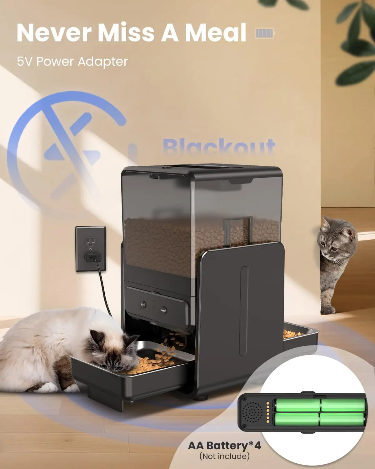 Smart Automatic 5G WiFi Cat Feeder with Dual Bowls, 5L Adjustable Dry Food Dispenser for Two Cats and Small Pets