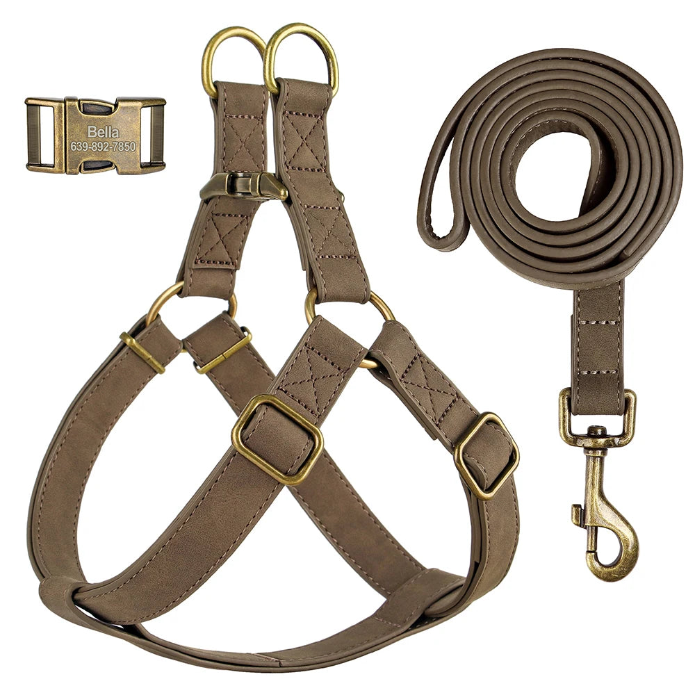 Custom PU leather dog harness and leash set with engraved ID buckle. Durable vest-style harness with matching lead rope, ideal for small and medium dogs, including bulldogs.