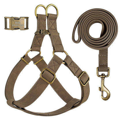 Custom PU leather dog harness and leash set with engraved ID buckle. Durable vest-style harness with matching lead rope, ideal for small and medium dogs, including bulldogs.