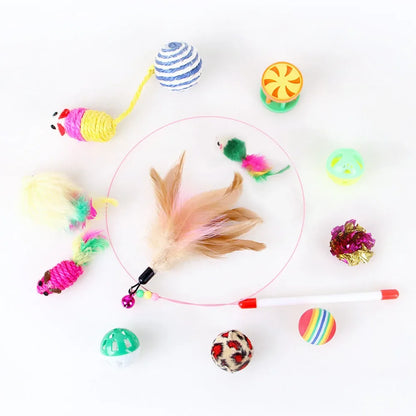 12/20PCS Cat Toy Variety Set – Interactive Kit with Wand, Sisal Mouse, Balls & Bells