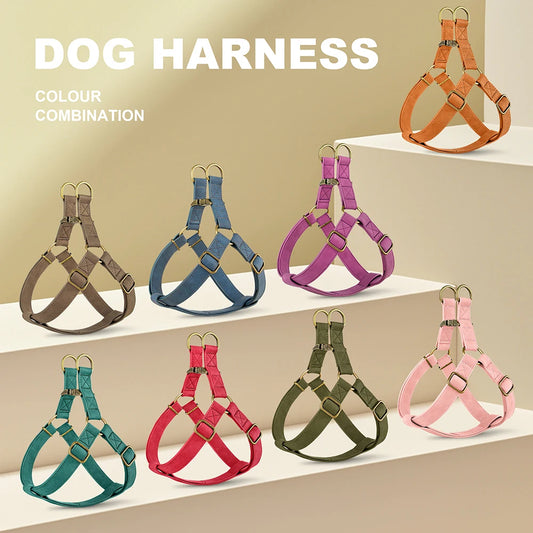 Custom PU leather dog harness and leash set with engraved ID buckle. Durable vest-style harness with matching lead rope, ideal for small and medium dogs, including bulldogs.