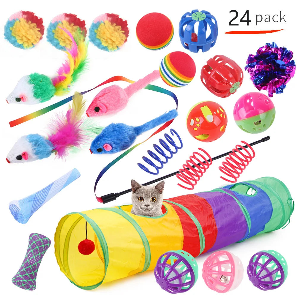 12–24PCS Cat Toy Set – Fun Interactive Kit with Wand, Sisal Mouse, Bells & Balls