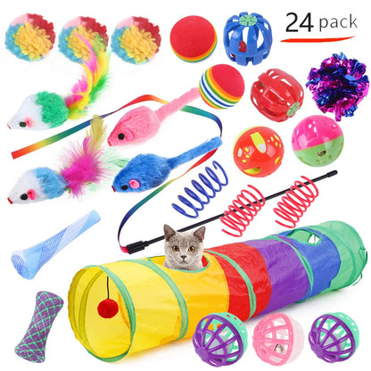 12–24PCS Cat Toy Set – Fun Interactive Kit with Wand, Sisal Mouse, Bells & Balls