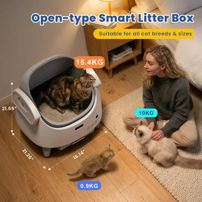 Electric Cat Litter Tray Self-Cleaning Open Cat Litter Tray, Automatic Cat Litter Tray with Odour Control, App & Safety Sensor