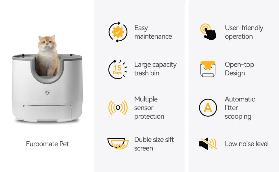 Self-cleaning cat litter box with an open design, advanced safety sensors, and extra-large capacity for multi-cat households. Practical, hassle-free, and ideal for easy daily cleaning.
