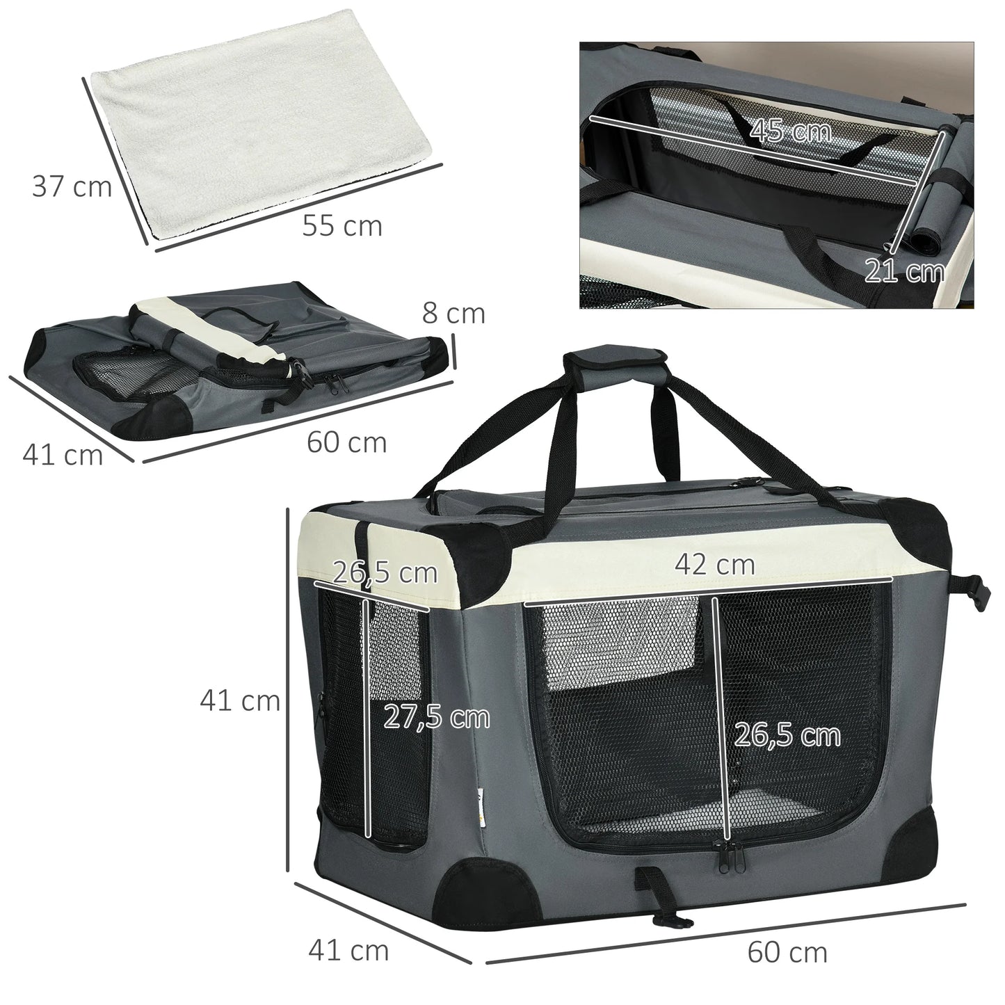 PawHut pet transport box basket handbag foldable portable black Gray opening
