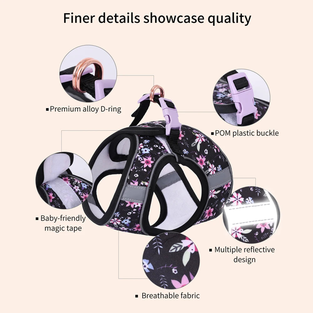 Adjustable Dog & Cat Harness Set – Soft Vest with Leash, Cute Design for Small Pets