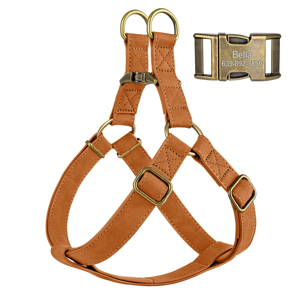 Custom PU leather dog harness and leash set with engraved ID buckle. Durable vest-style harness with matching lead rope, ideal for small and medium dogs, including bulldogs.
