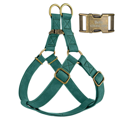 Custom PU leather dog harness and leash set with engraved ID buckle. Durable vest-style harness with matching lead rope, ideal for small and medium dogs, including bulldogs.