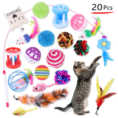 12/20PCS Cat Toy Variety Set – Interactive Kit with Wand, Sisal Mouse, Balls & Bells