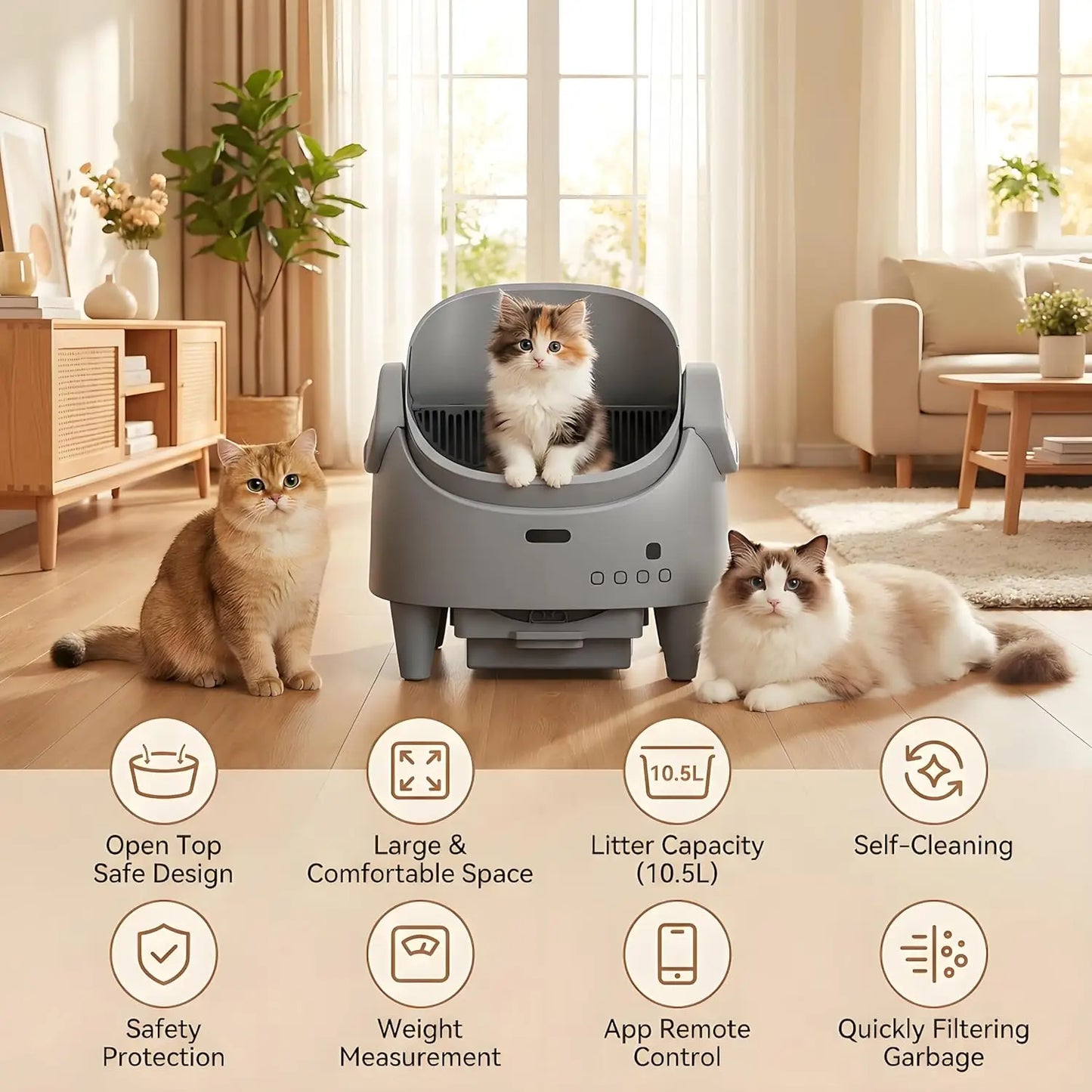 Electric Cat Litter Tray Self-Cleaning Open Cat Litter Tray, Automatic Cat Litter Tray with Odour Control, App & Safety Sensor