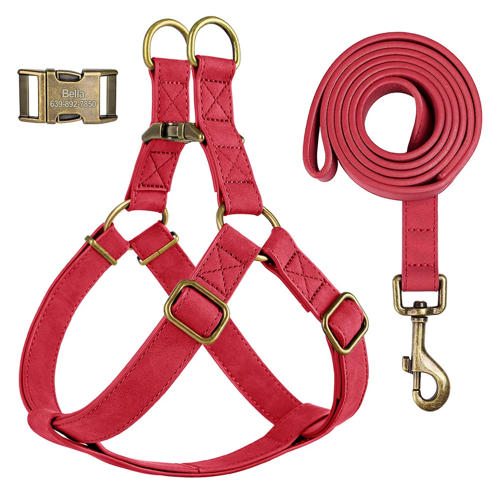 Custom PU leather dog harness and leash set with engraved ID buckle. Durable vest-style harness with matching lead rope, ideal for small and medium dogs, including bulldogs.