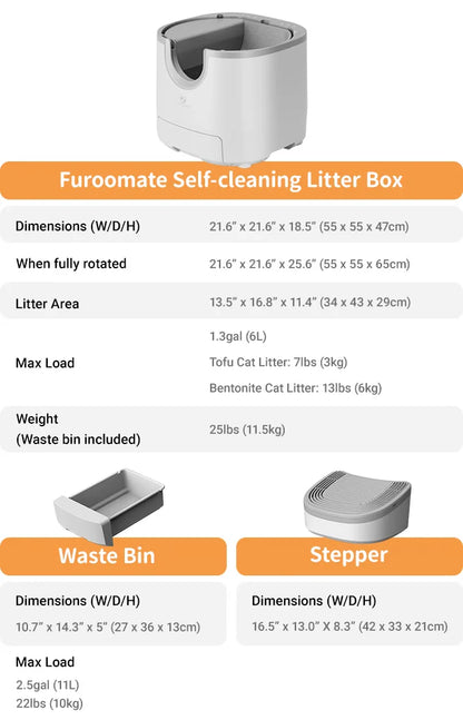 Self-cleaning cat litter box with an open design, advanced safety sensors, and extra-large capacity for multi-cat households. Practical, hassle-free, and ideal for easy daily cleaning.